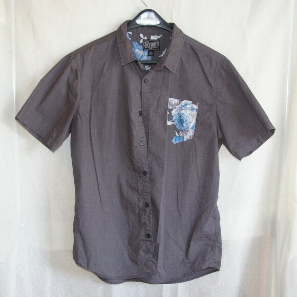 Retrofit Grey Button Shirt with Floral Patterned Pocket - Picture 1 of 4
